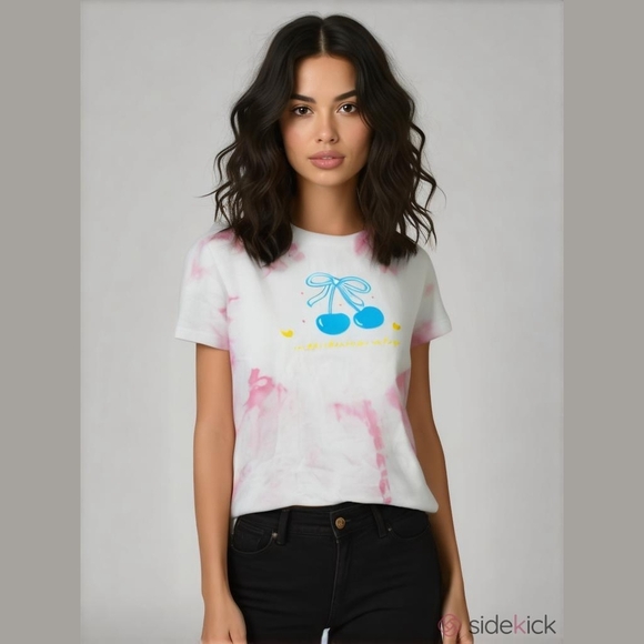 "With a Cherry on Top" Pink Tie Dye Relaxed Fit Graphic T-Shirt Gildan G500 - Picture 1 of 4